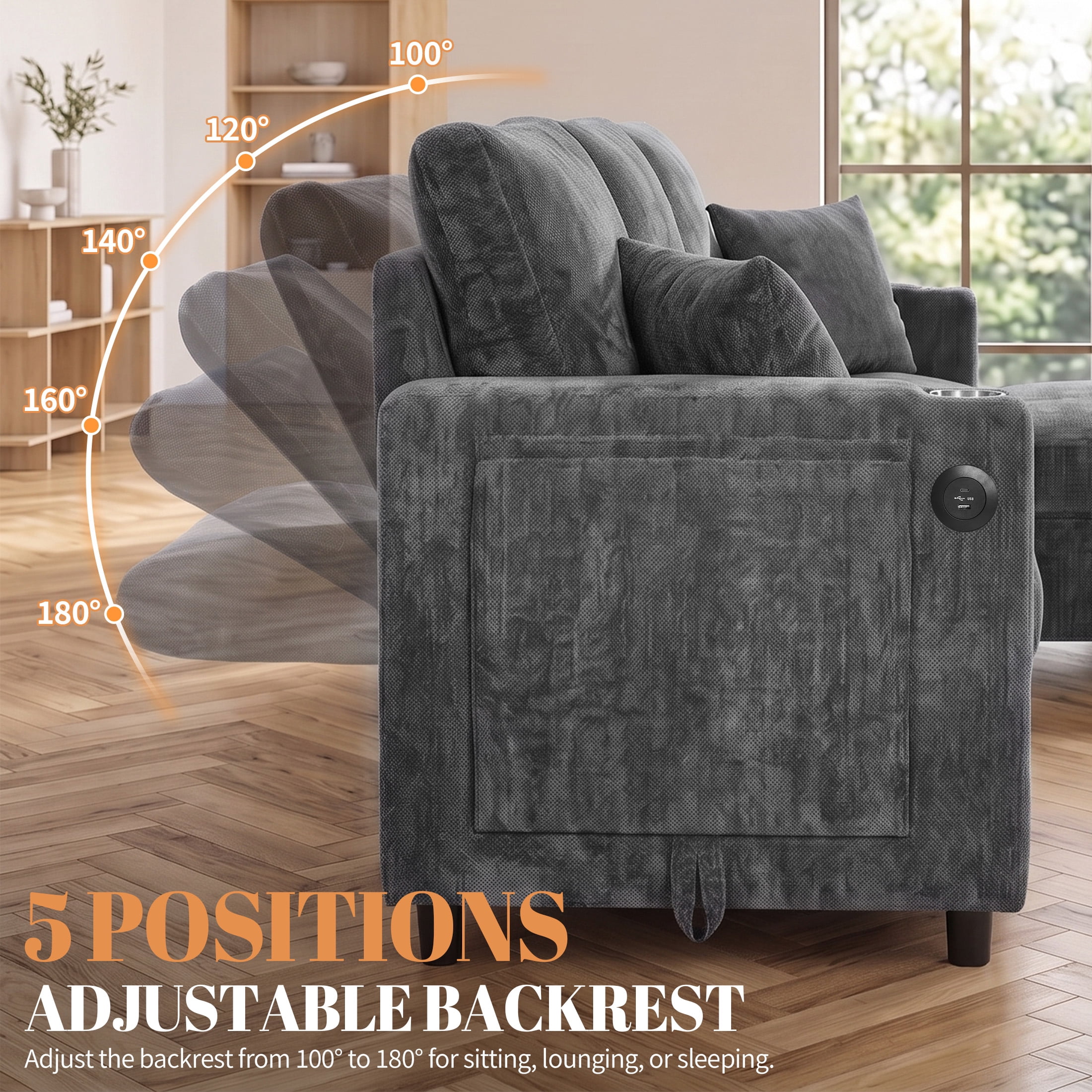 Aukfa 81" L Shape Sleeper Sectional Sofa Bed, Chenille Convertible Couch with Storage Chaise, Side Table & USB/Type-C Ports,Gray
