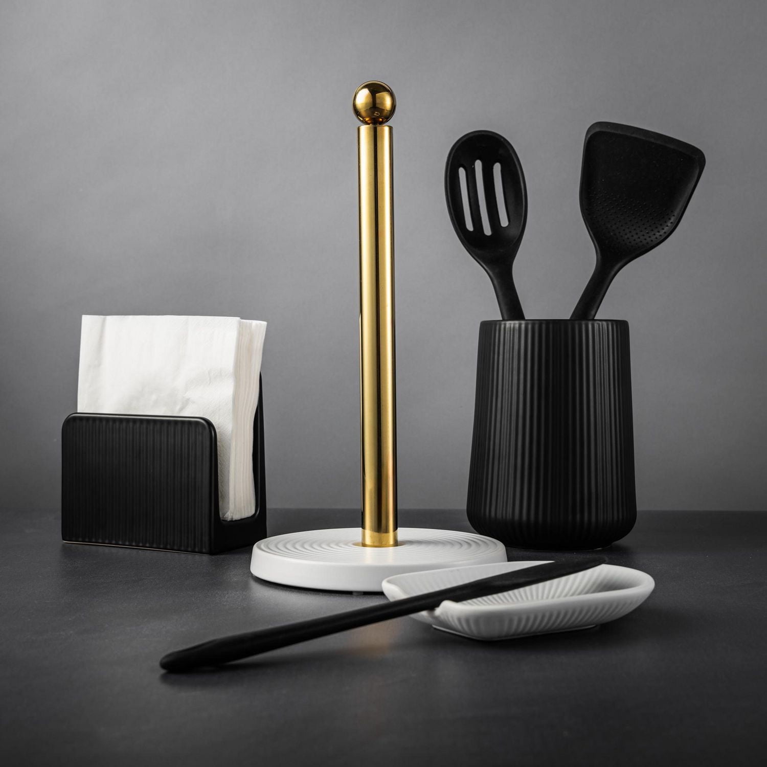 Thyme and Table, Paper Towel Holder with Ribbed Ceramic Base, White and Gold, Paper Towel Holder