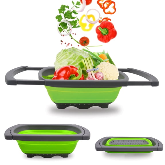 UHIAGREE Collapsible Colander,Silicone over The Sink Silicone Colander with Extendable Handles,Green