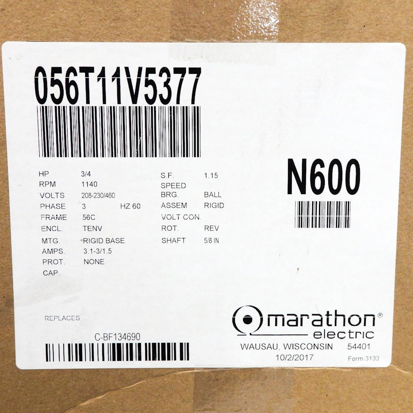 Marathon Motor N600 3/4HP 1200RPM 56C TENV 208-230/460V 3 Phase 056T11V5377