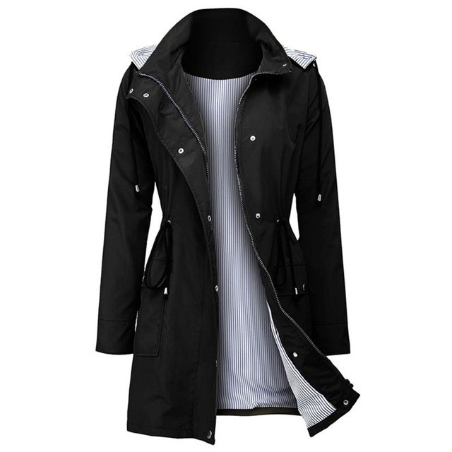 CAROOTU Women's Hooded Coat Medium Length Waterproof Jacket with Pockets Soft Shell Raincoat Zipper & Button Closure for Outdoor New