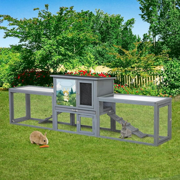 imerelez Large 2-Story Outdoor Rabbit Hutch, Bunny House with Dual Runs, Resting Room, PC Sun Roof, Pull-Out Tray, Ramps & Doors, Gray with Colorful Patterns