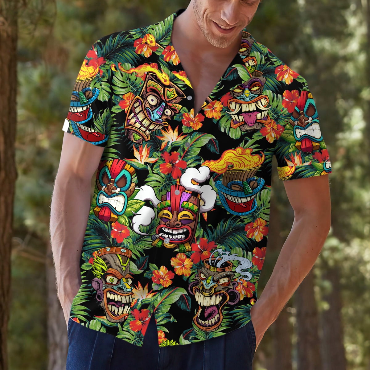 メンズウェア TIKI Mens Tiki Tropical Hawaiian Shirt, Funny Tiki Aloha Hawaiian