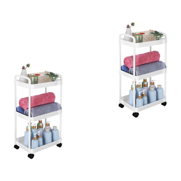 2 Count 3 Tier Rolling Cart Bedside Ornament Storage On Wheels Shopping White
