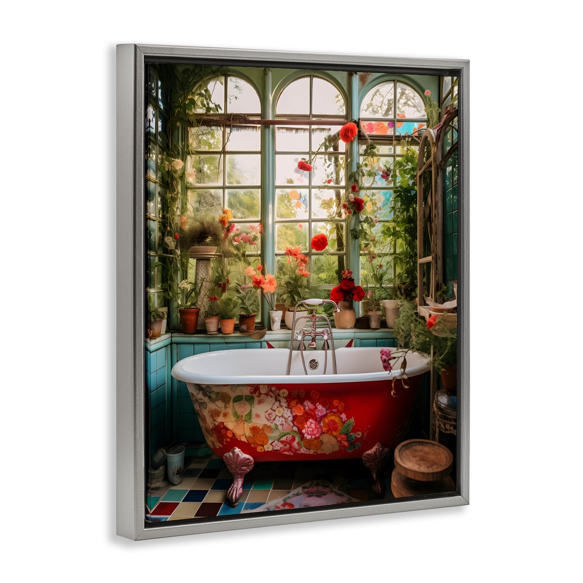 Floral Sunroom Tub Gray Framed Floater Canvas Wall Art, design by Lettered and Lined