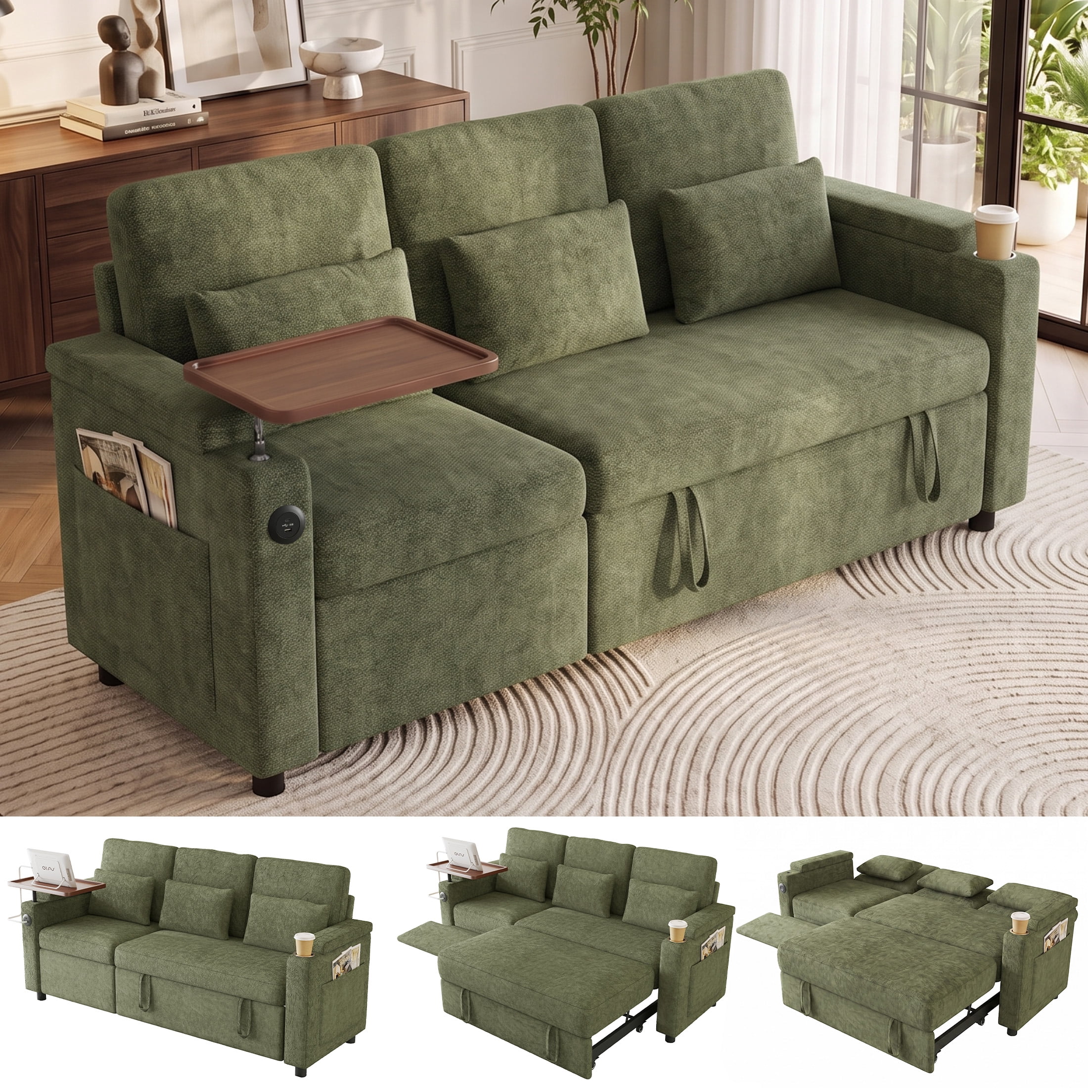 Aenkyo 81" 3-in-1 Convertible Sleeper Sofa with Pull Out Bed and Recliner, Adjustable Backrest, Green
