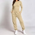 thumbnail image 2 of Tqcoqu Women's Solid 2 Piece Tracksuit,Crew Neck Long Sleeve Top & High Waist Drawstring Jogger Pants,Casual Loungewear Athletic Outfit Set for Women,Khaki Women's S-XXXL, 2 of 9
