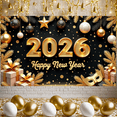 thumbnail image 5 of Gold Glitter Happy New Year Banner Christmas Balls 2026 New Year Display Pine Branches Gift Boxes New Year Backdrop for New Year Party Holiday Celebration Indoor Decoration, 5 of 9