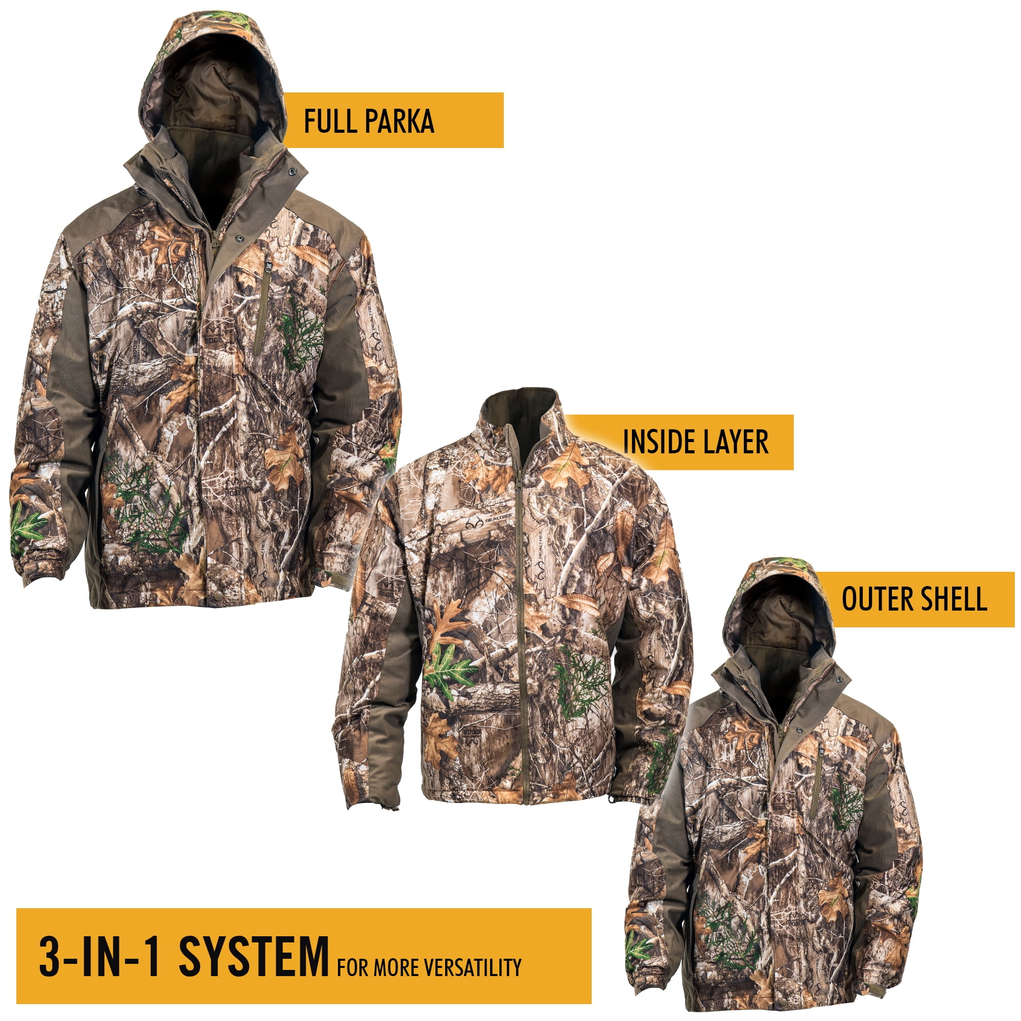 Hot Shot Mens 3in1 Insulated RealTree Edge Camo Hunting Parka Waterproof Removable Hood Year Round Versatility Large