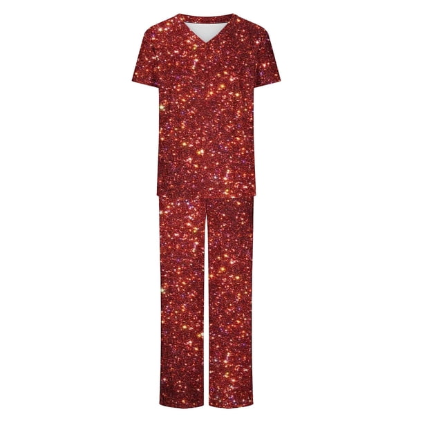 Camisetas de Manga Larga Mujeres Imprimir Manga Corta V-Cuello Superior Y Pantalones Largos Traje de Trabajo Conjunto, Nylon para Primavera Verano Casual
