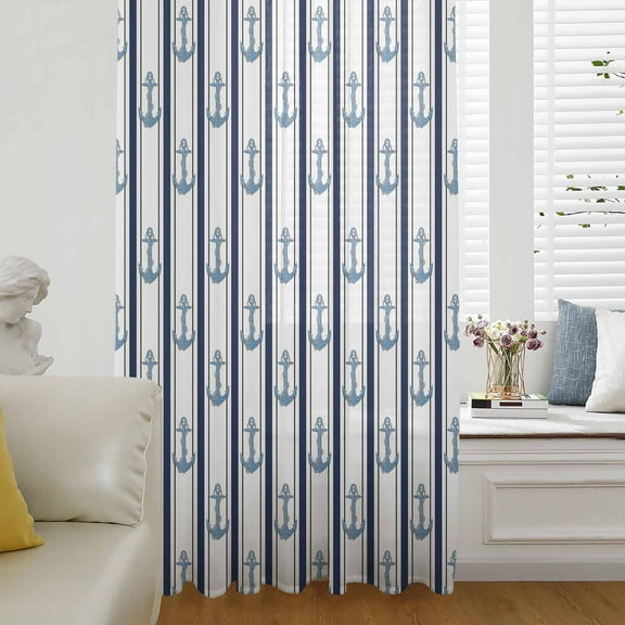 Navy Blue Anchor Nautical Semi Sheer Curtains Drapes for Living Room, Bedroom, French Doors Window 63 Inches Long, Coastal Ocean Summer Beach Rod Pocket Chiffon Curtain Drapery Voile Draperies Panel