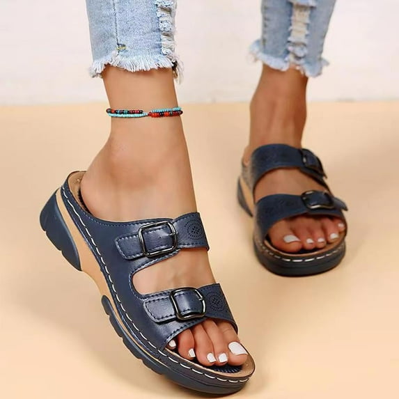 Abcnature Women Sandals Clearance 2023! Women's Platform Wedge Sandals with Arch Support Vacation Comfortable Belt Buckle Wedge Beach Sandals Summer Athletic Outdoor Beach Sandals