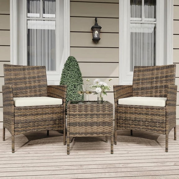 3 Piece Patio Furniture Set, Rattan Outdoor Furniture with 2 Chairs & Coffee Table