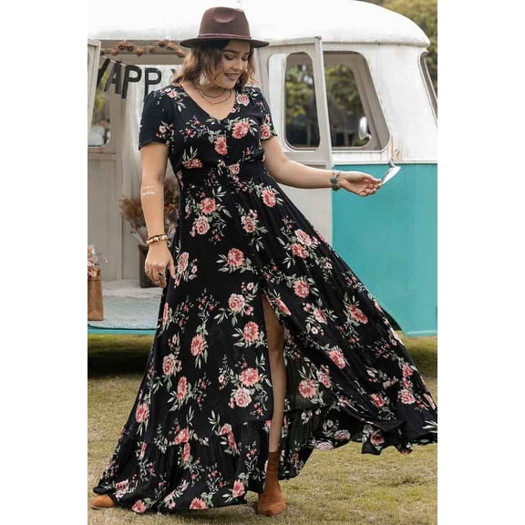 Plus Size Floral Print Thigh Split Dress (1XL, MultiBlack)