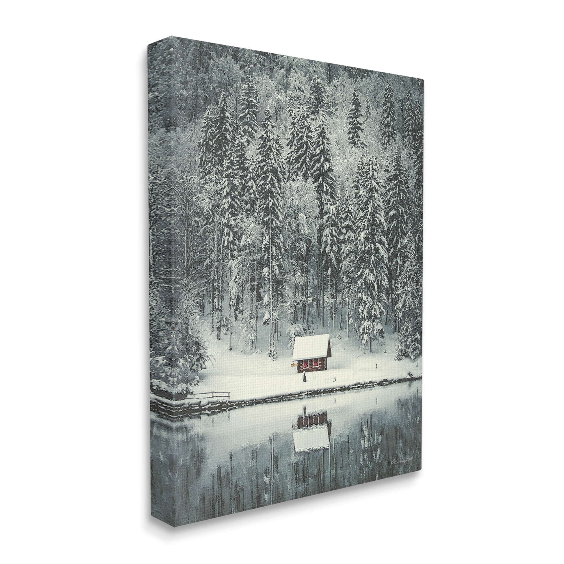 Snowy Woodland Hut Reflection Landscape Painting Gallery Wrapped Canvas Print Wall Art