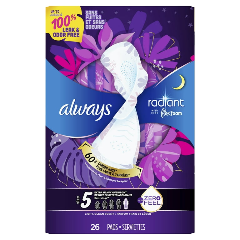Always Radiant FlexFoam Pads with Wings Overnight Absorbency Size