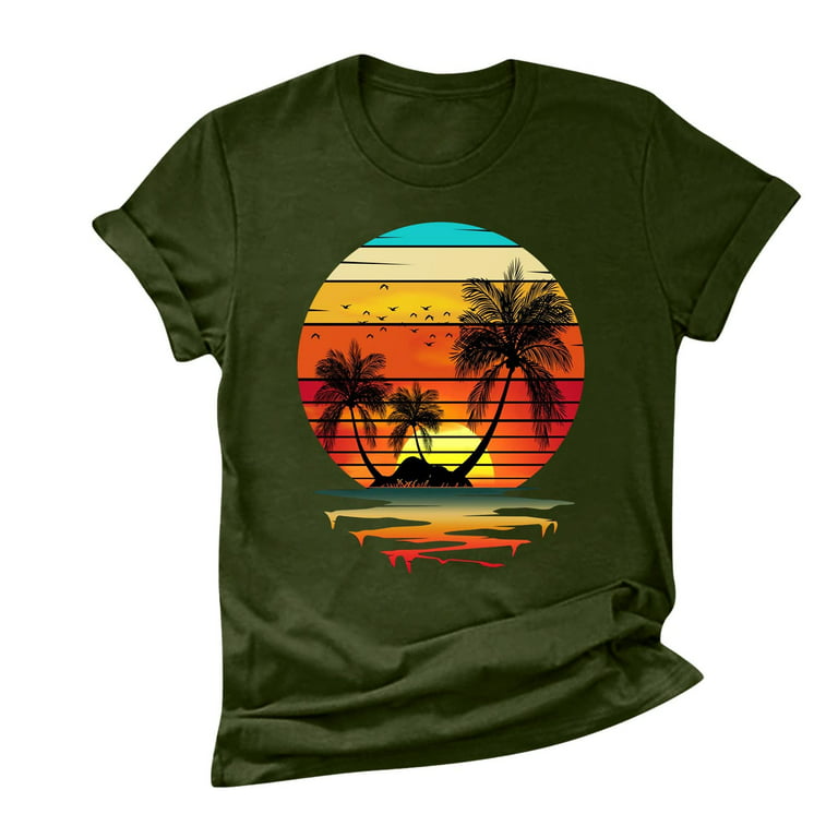 ZQGJB Summer Tops Clearance for Women Retro Tropical Sunset Mountains Beach  Vacation Palm Trees Forest T-Shirt Loose Relaxed Fit Tunic Blouse Green XXL  
