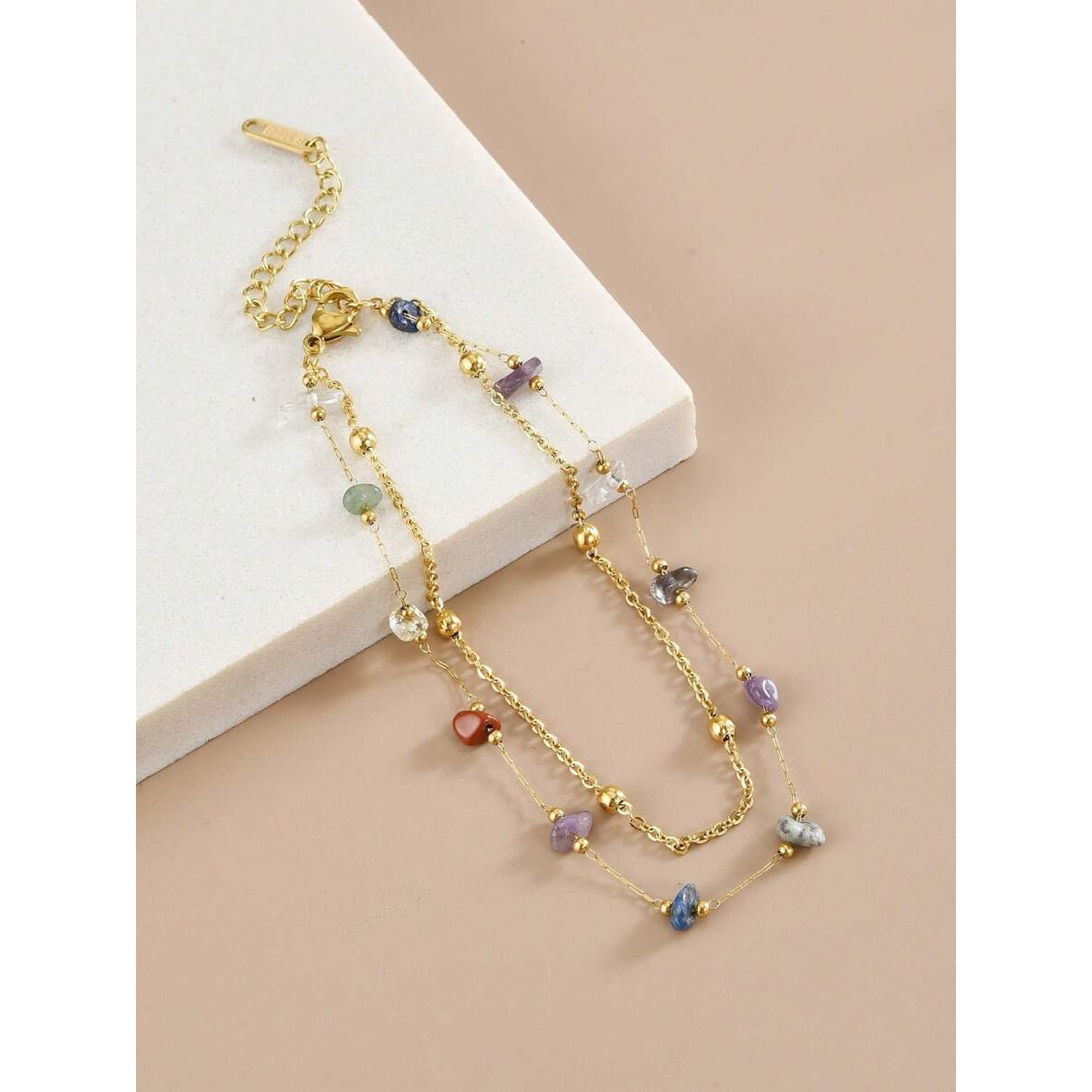Double Strand Multicolor Natural Stone Anklet in Goldtone Stainless Steel