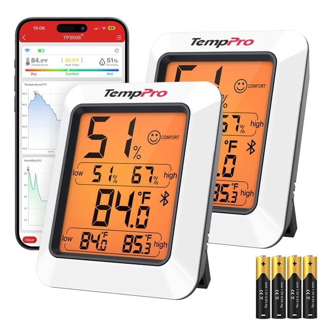 TempPro Hygrometer Thermometer for House TP350, Bluetooth Room Indoor Greenhouse Thermometer Up to 260FT,Backlit Humidity Meter T