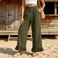 thumbnail image 3 of RFQWOVSR Women's Elastic Waist Wide Leg Linen Pants with Ruffle Hem Pockets Loose Fit Casual Summer Trousers L, 3 of 5