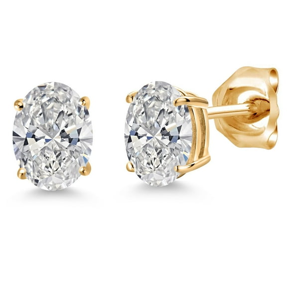 Gem Stone King 14K Yellow Gold Lab Grown Diamond Double Notch Stud Earrings | 1.40 Cttw | Gemstone April Birthstone | Oval 7X5MM | Gold Earrings for Women Men