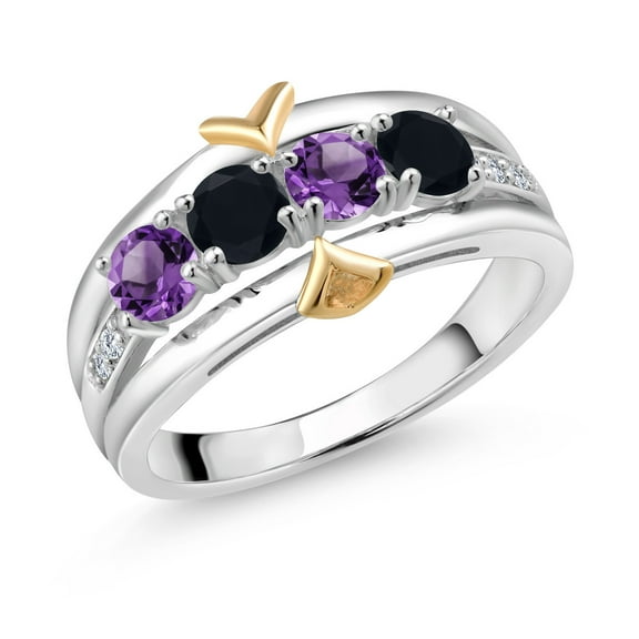 Gem Stone King 0.99 Ct Round Purple Amethyst Black Onyx 925 Silver and 10K Yellow Gold Ring (Size 9)