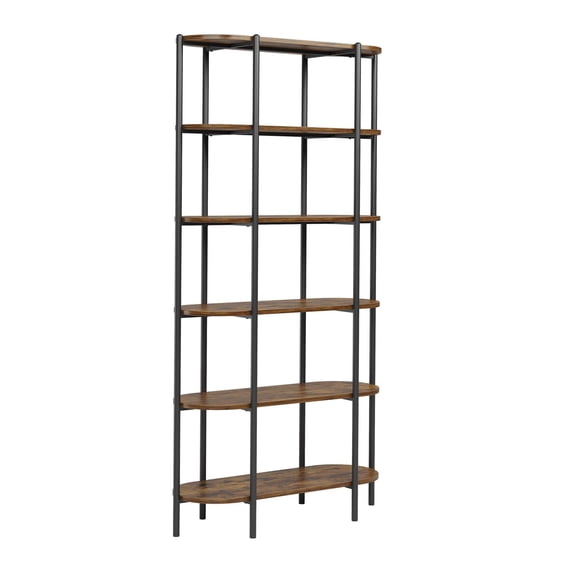 Industrial 6-Tier Oval Bookshelf, Rustic Brown Wooden & Metal Frame Tall Bookcase Open Display Shelf Racks for Living Room Bedroom Home Office Vintage Brown