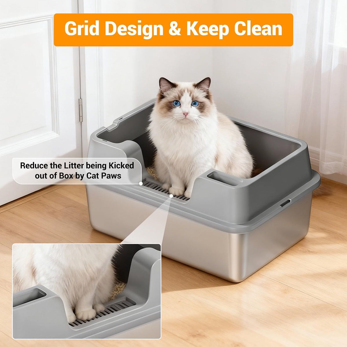 Ataucjin Extra Large Enclosed Stainless Steel Cat Litter Box, Metal Litter Pan for Big Cats, High Wall Sides & Non-Stick Bottom, Anti-Leakage & Odor-Resistant, Easy to Clean for All Cats