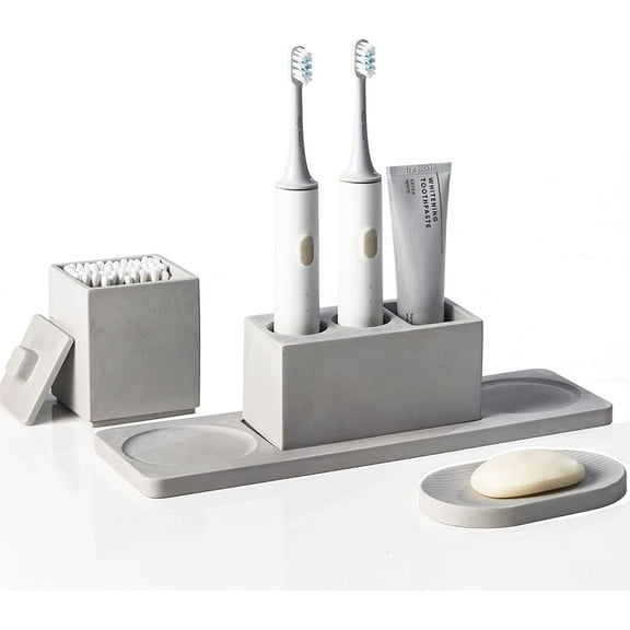 Bathroom Accessory Set Grey, Diatomite, Bathroom Accessories Countertop Complete with Electric Toothbrush Holders, Soap Dish Set- Grey