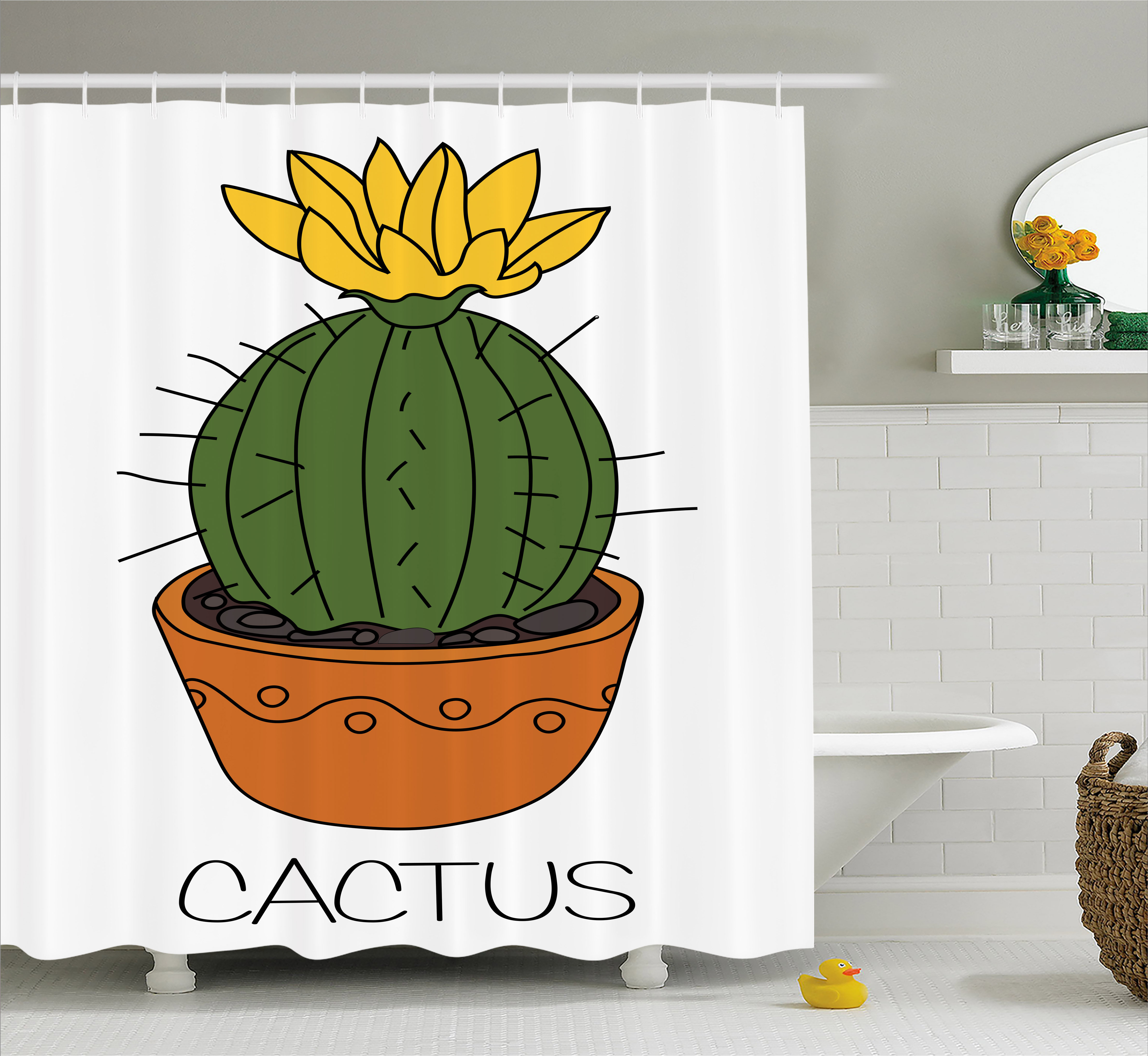 Cactus Shower Curtain, Barrel Plant with Yellow Flower in ...