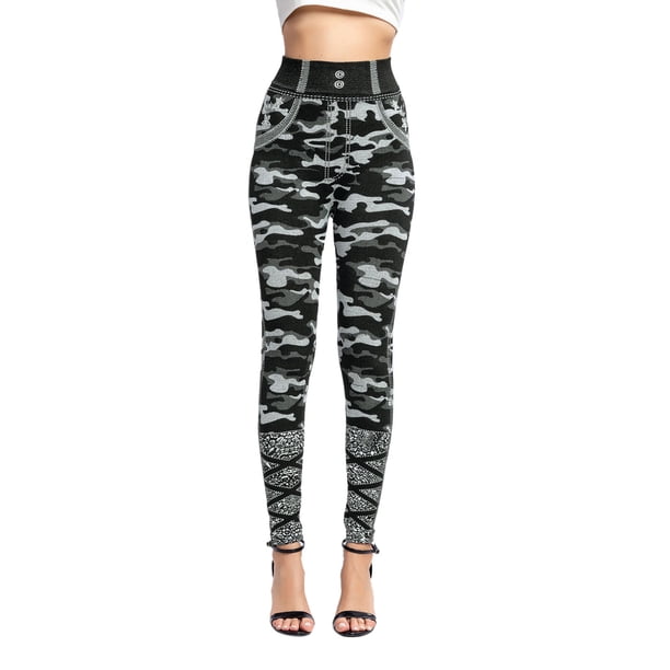 Gibobby Leggings Termicos Pantalones yoga casuales para mujeres Pantalones vaqueros elásticos Leggings Estampado rayas térmicas Imitación mezclilla Leggings Pantalones senpararismo(Gris, S)