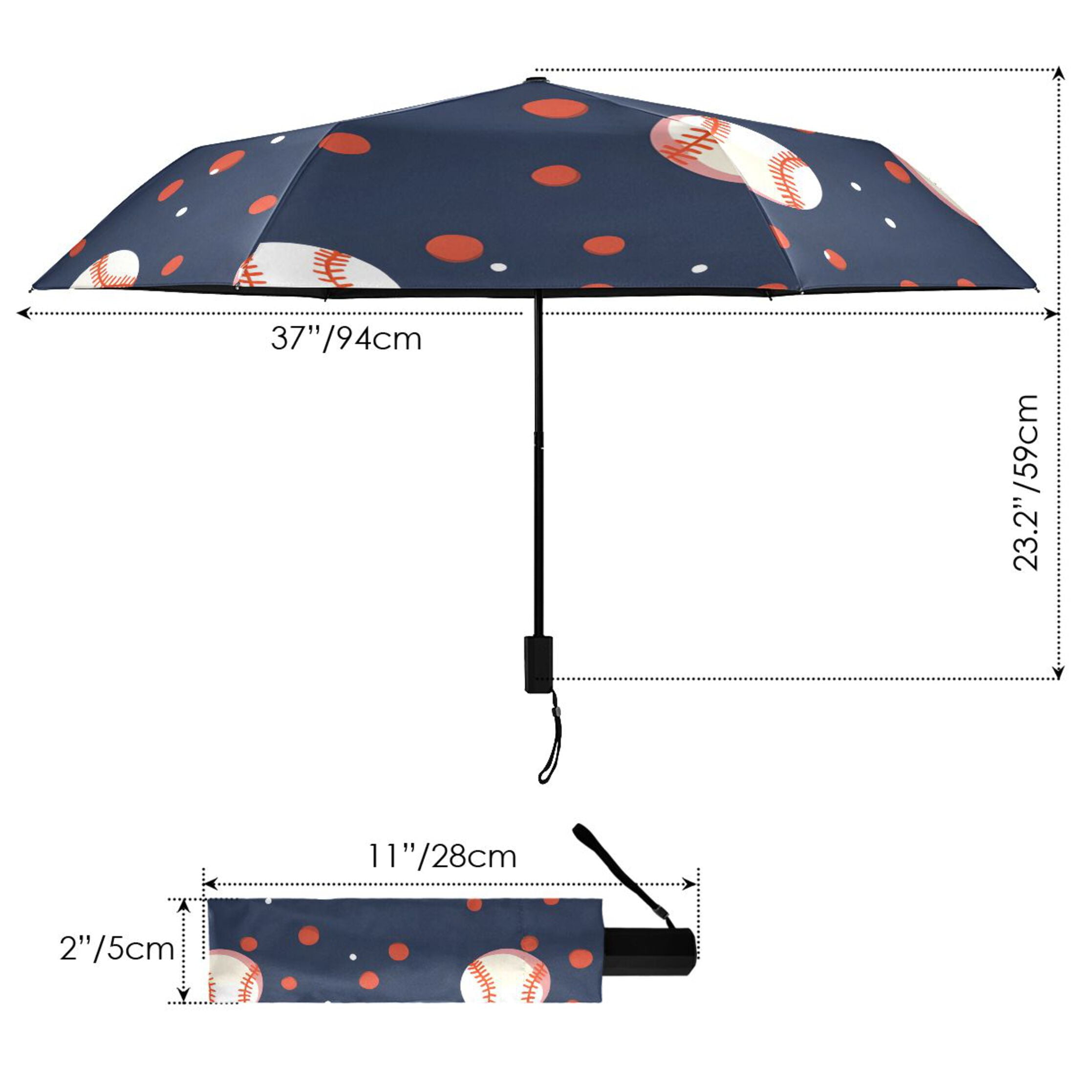 ALAZA Baseball and Dots UPF 50+ Compact Folding Umbrella for Rain Travel Umbrella Packable