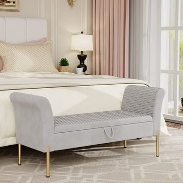 Awonde Armed Storage Bench Velvet Bed Bench for Bedroom Living Room Entryway Upholstered Ottoman Bench Gray with Gold Legs