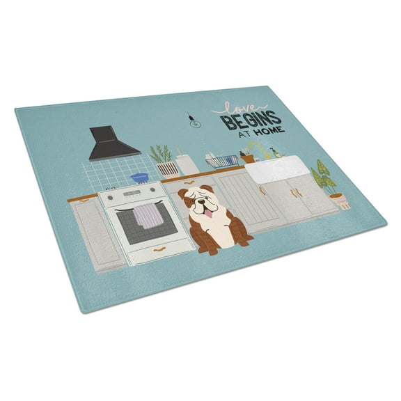Carolines Treasures CK7825LCB Brindle White English Bulldog Kitchen Scene Glass Cutting Board Large 12H x 16W multicolor