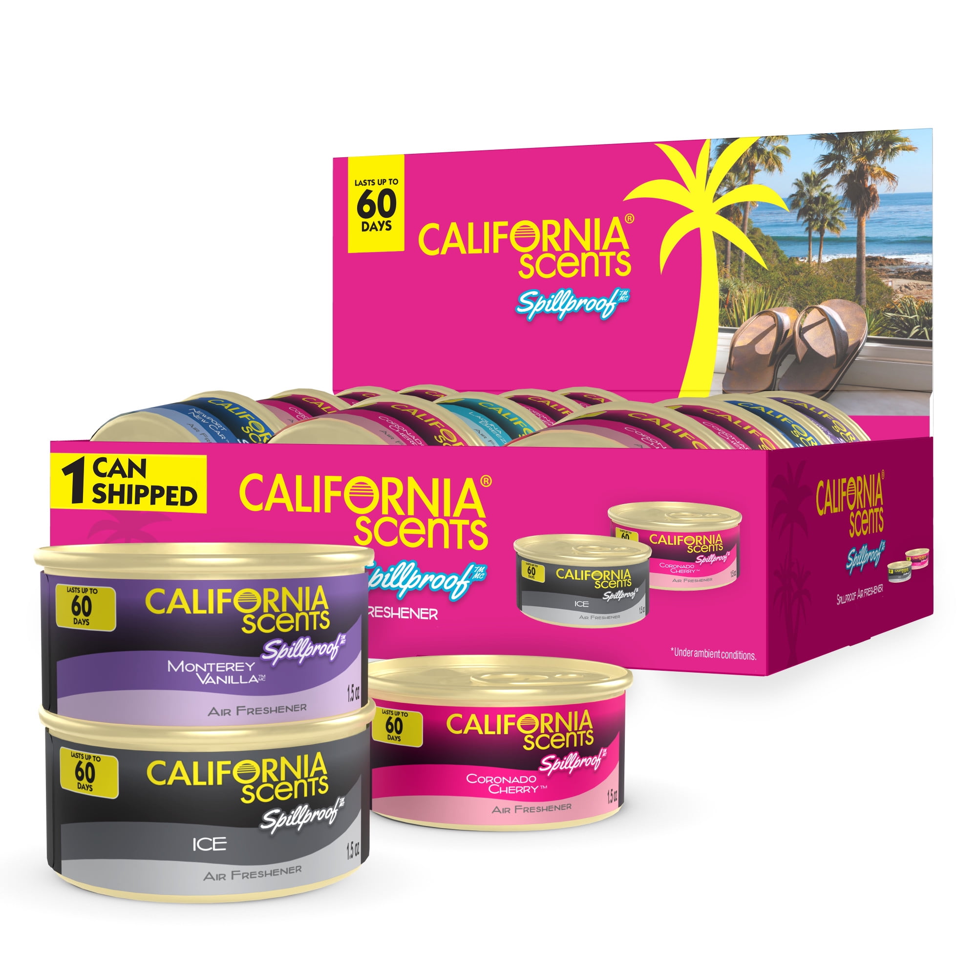 (2 pack) California Scents Car Scents Spillproof Solid Air Freshener Cans, Assorted Scents, 1.5 oz, 18 Count