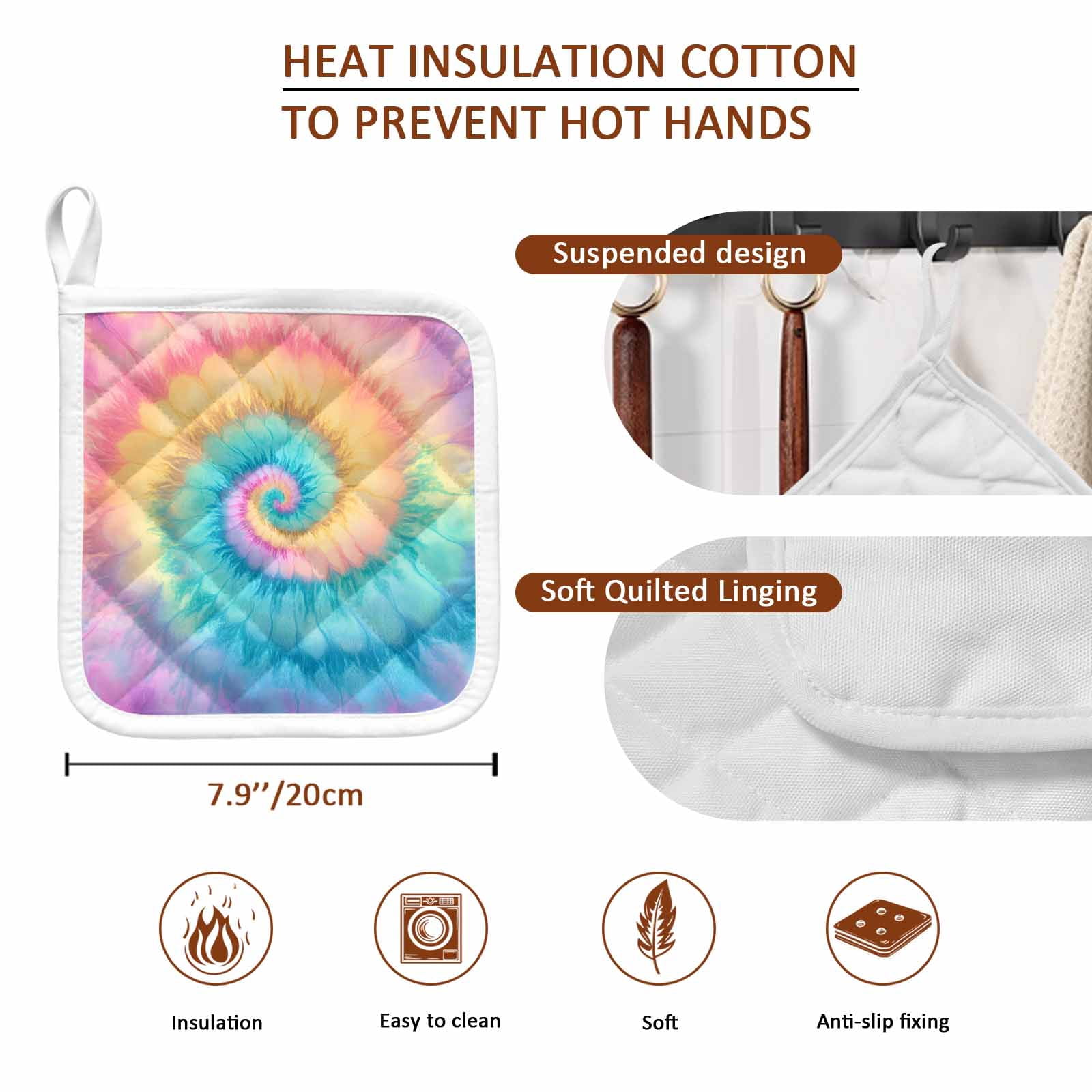 Colorful Tie Dye Pot Holders for Kitchen Heatproof Potholder, 3 Pack Rainbow Ombre Abstract Pattern Art Hot Pads Multipurpose Oven Pads Cloth Potholders Trivet for Cooking Baking