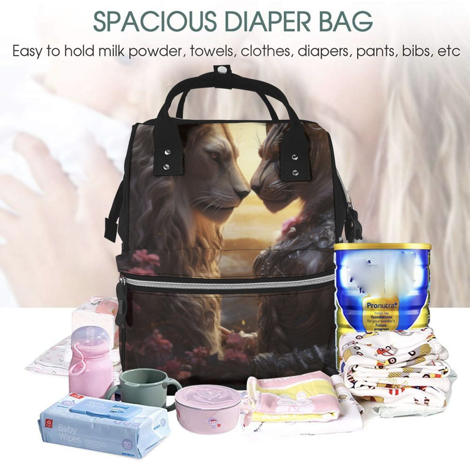Fuzoiu Romantic Flower Lion Couple Print Diaper Bag Backpack,Baby Essentials Travel Tote,Multi function Waterproof Diaper Bag, Travel Essentials Baby Bag - Unisex