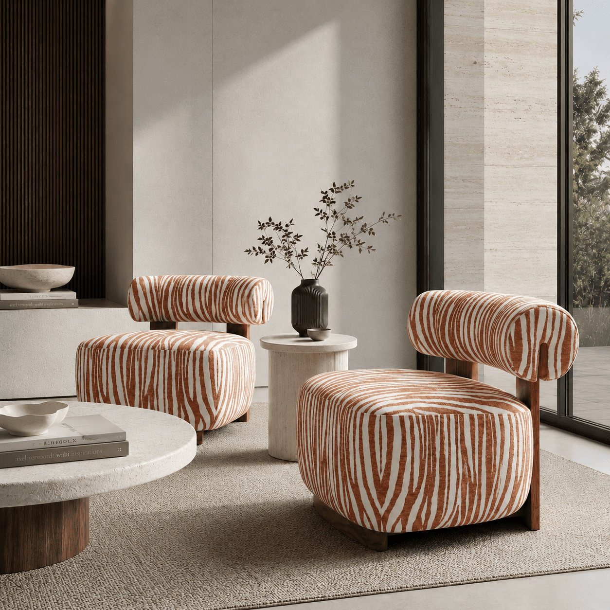 Aenkyo Zebra Stripe Chenille Accent Chair, 24 Inch Deep Seat Armless Chair, Rustic Orange