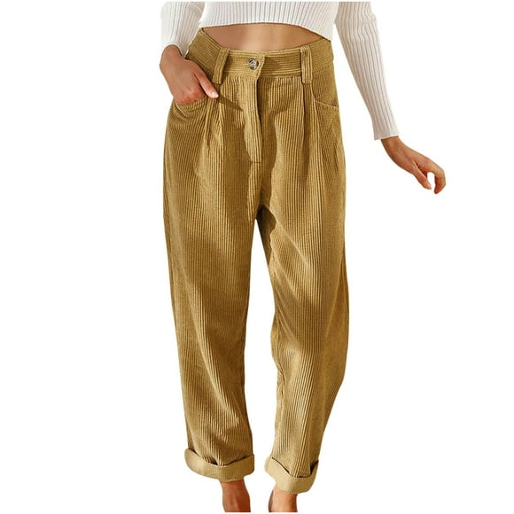 Dress Pants for Women Casual Straight Solid Color Button Pleated Pocket Pants Women's Loose Capri Pants