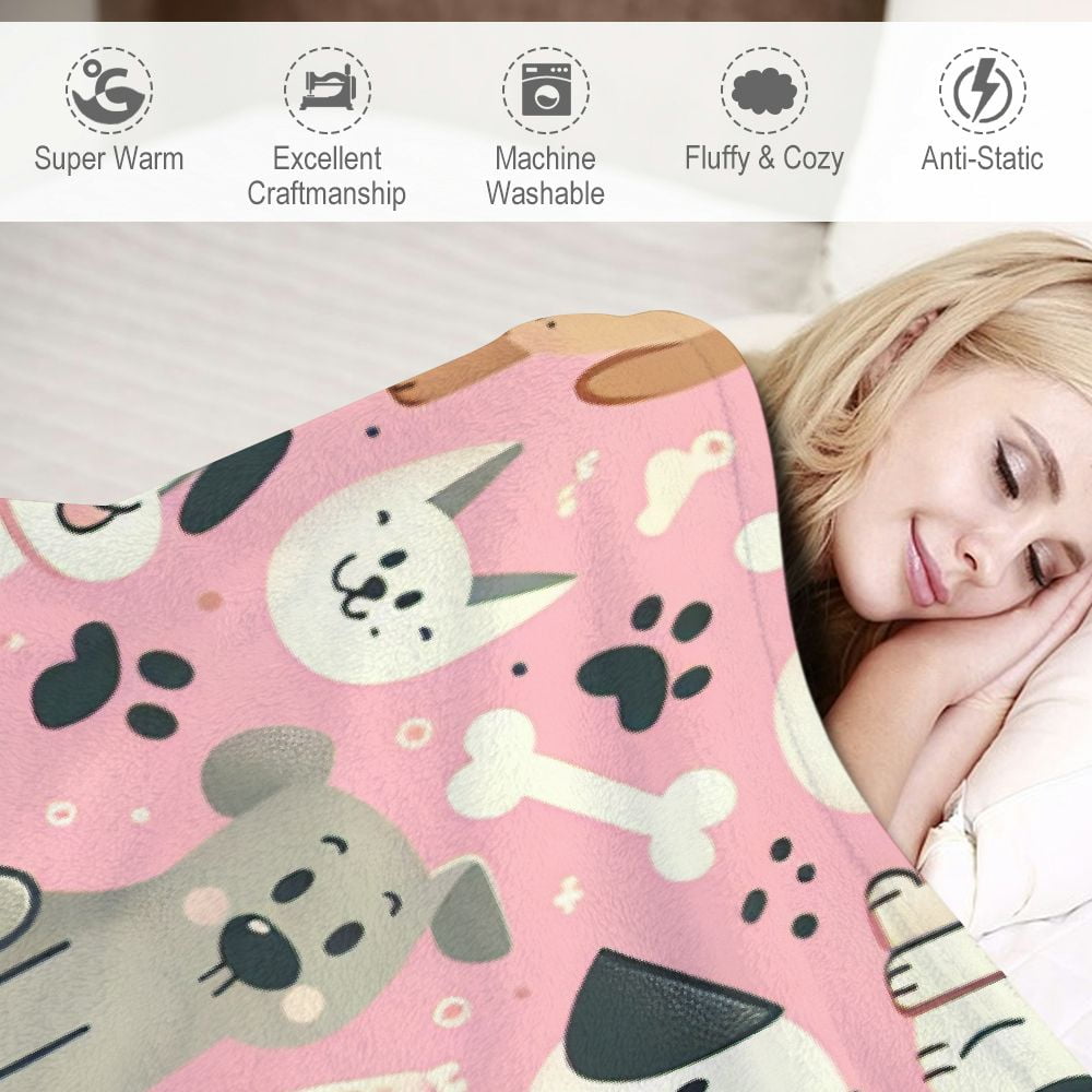 JRXY Flannel Fleece Blanket Cute Dogs Pink Ultra Soft Warm All Season Puppy Animals Decorative White