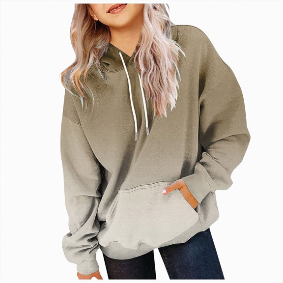 Nwiuh Hoodies for Teen Girls Long Sleeve Gradient Color Cute Hoodie Lightweight Y2k Comfy Hooded Sweatshirt (Khaki, 10-11 Years)