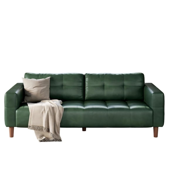 Modern Faux Leather Sofa with Spring Cushion and Removable Back Cushions - Deep Seat Couch, Green