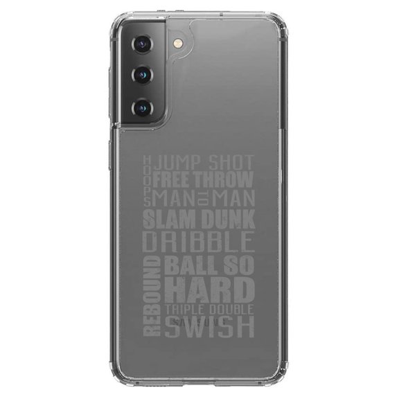 DistinctInk Clear Shockproof Hybrid Case for Galaxy S21  PLUS 5G (6.7" Screen) - TPU Bumper Acrylic Back Tempered Glass Screen Protector - Basketball Word Art Jump Shot Free Throw