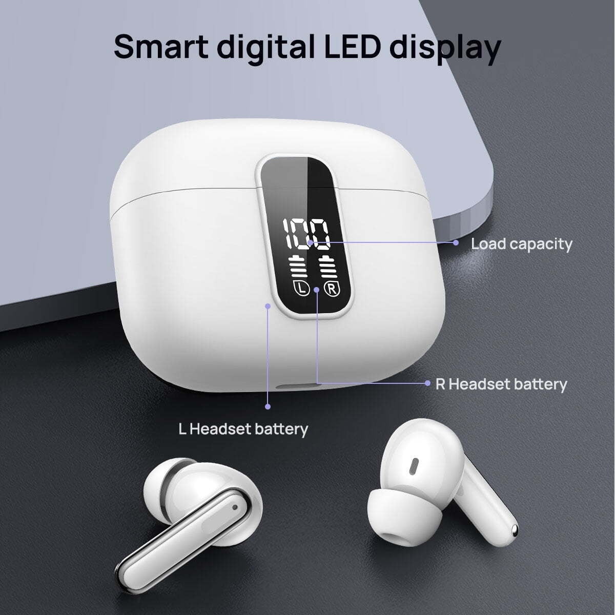 Earbuds Wireless Bluetooth 5.3, Noise Cancelling Earbuds For Phones, Bass Stereo, IP7 waterproof, 41h Playtime, LED Display In Bluetooth Headphones, Gray