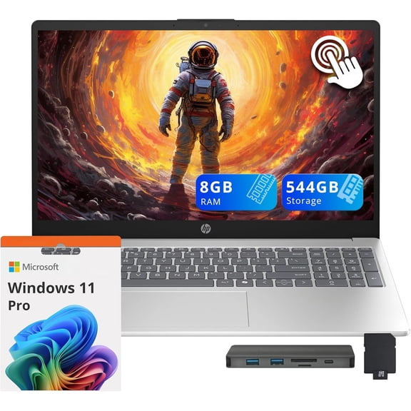 HP 15.6" HD Touchscreen Laptop, AMD Ryzen 3 7320U, 8GB DDR5, 544GB Storage (256GB SSD 288GB Docking Station Set), AMD Radeon Graphics, Numeric Keypad, Copilot, Win 11 Pro, Silver