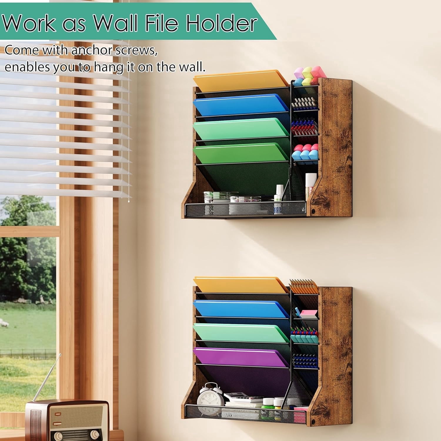 X-COSRACK 5-Tier Wall File Organizer, 2-in-1 Wood & Metal Hanging Folder Holder & Desktop Paper Sorter with Adjustable Dividers and Stable R-Shaped Base for Office & Home