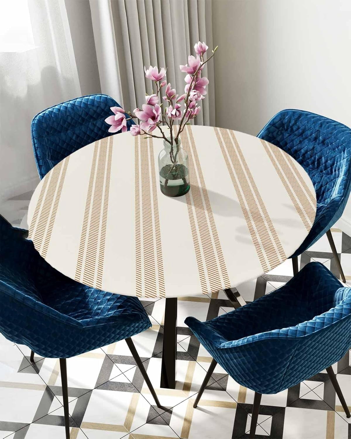 Orange Beige Stripe Round Tablecloth Fitted Table Cover, Retro Farmhouse Geometric Striped Elastic Tablecloths Waterproof Outdoor Indoor Stretch Cloth Tablecover for Dinner, Party, Shower, 36-44IN
