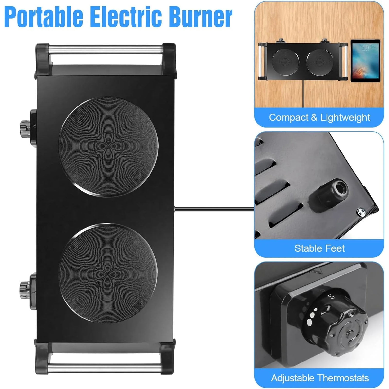 2000W Double Countertop Burner, Portable Electric Hot Plate and Stove with 5 Temperature Controls, Lightweight Burner Cooktop for Kitchen, Dorms, Apartments, RV, Black