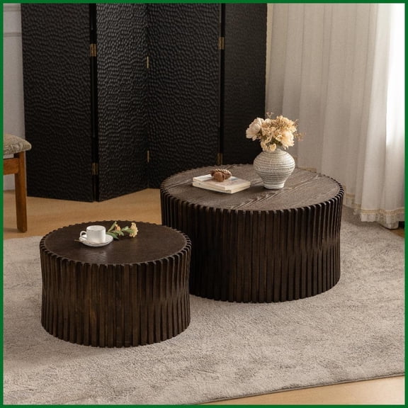 Vintage Dark Brown Nesting Coffee Table Set of 2 – Space-Saving MDF & Fir, No Assembly for Living/Office