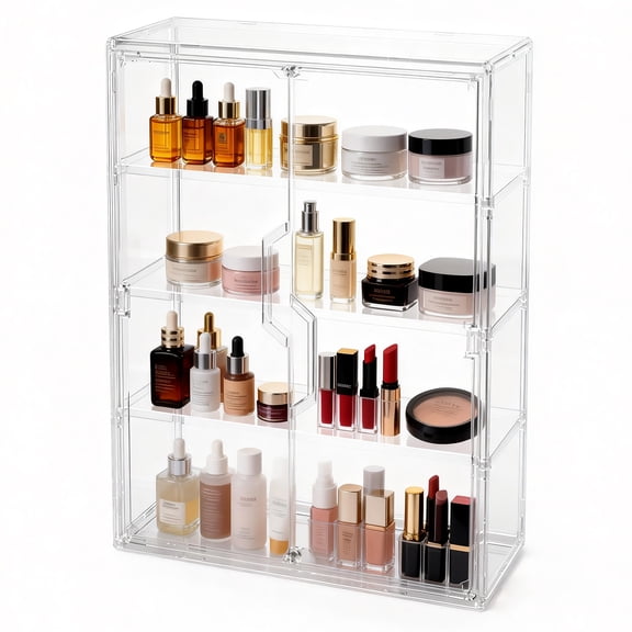 Garmic Acrylic Makeup Organizer Case, Adjustable 4-Tier Cosmetic Display Case Wall Mounted Bathroom Counter Organizer for Vanity Bedroom Bathroom